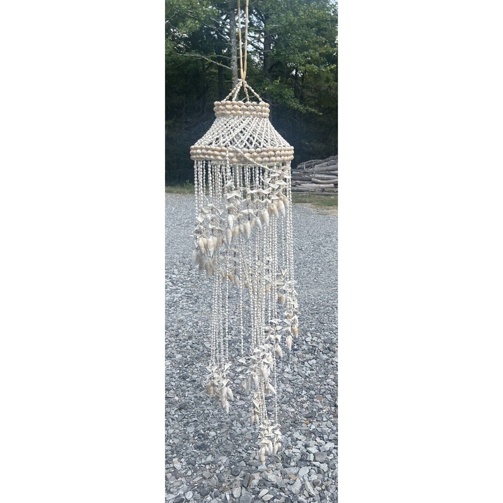 Vintage 60" Boho Macrame Puka Cowrie Seashell Hanging Spiral Chime Chandelier
